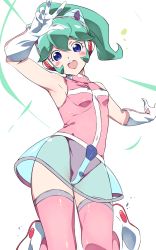 Rule 34 | 1girl, :d, absurdres, armpits, blue eyes, blush stickers, boots, calen (time bokan), covered navel, gloves, green hair, headgear, headphones, highres, leotard, long hair, looking at viewer, niko (tama), open mouth, pink thighhighs, ponytail, see-through, simple background, skirt, sleeveless, smile, solo, thighhighs, time bokan (series), time bokan 24, v, white gloves