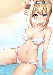 Rule 34 | 1girl, :o, absurdres, ankkoyom, arm strap, arm support, bare shoulders, bikini, blonde hair, blue eyes, blue hairband, blush, breasts, cleavage, collarbone, day, frilled bikini, frills, girls&#039; frontline, hair bun, hair ornament, hairband, highres, leaning back, looking at viewer, medium breasts, navel, official alternate costume, open mouth, outdoors, sand, shallow water, side bun, sidelocks, single hair bun, single side bun, sitting, snowflake hair ornament, solo, stomach, suomi (girls&#039; frontline), suomi (midsummer pixie) (girls&#039; frontline), swimsuit, water, white bikini