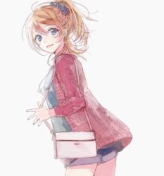 Rule 34 | 10s, 1girl, ayase eli, bad id, bad twitter id, bag, blonde hair, blue eyes, cowboy shot, from side, grey background, holding strap, long sleeves, looking at viewer, looking back, love live!, love live! school idol festival, love live! school idol project, mochi sakura, pale color, parted lips, ponytail, scrunchie, shoulder bag, simple background, smile, solo, sweater