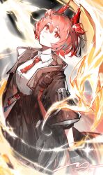 Rule 34 | 1girl, arknights, black gloves, black jacket, black skirt, closed mouth, collared shirt, commentary request, dated, expressionless, feather hair, feet out of frame, fiammetta (arknights), fire, gloves, high-waist skirt, highres, id card, jacket, looking at viewer, luan teng, necktie, open clothes, open jacket, radio, red eyes, red hair, red necktie, shirt, short hair, signature, skirt, sleeves past elbows, solo, white shirt