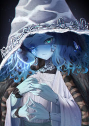 Rule 34 | 1girl, absurdres, bad id, bad pixiv id, blue hair, blue skin, cloak, closed mouth, colored skin, diuda, doll joints, dress, elden ring, extra arms, extra faces, fingernails, fur cloak, hat, highres, joints, looking at viewer, one eye closed, ranni the witch, short hair, solo, upper body, white dress, white hat, witch, witch hat