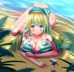 Rule 34 | 10s, 1girl, atago (kancolle), barefoot, beach, bikini, blonde hair, breasts, cleavage, fairy (kancolle), green eyes, hat, highres, kantai collection, large breasts, long hair, stir255, striped bikini, striped clothes, swimsuit