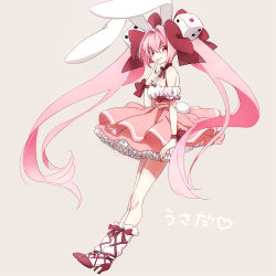 Rule 34 | 1girl, animal ears, bow, breasts, cako ashida, circle skirt, cleavage, detached sleeves, di gi charat, dice, dress, finger to mouth, frilled dress, frills, from side, full body, hair bow, hair ornament, hair ribbon, high heels, long hair, looking at viewer, medium breasts, pink hair, rabbit ears, red eyes, ribbon, smile, solo, translation request, twintails, usada hikaru, very long hair