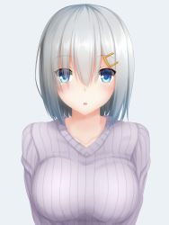 Rule 34 | 10s, 1girl, :o, alternate costume, blue eyes, blush, breasts, eyes visible through hair, gengodou, hair ornament, hair over one eye, hairclip, hamakaze (kancolle), highres, kantai collection, large breasts, ribbed sweater, short hair, silver hair, solo, sweater, tapisuke