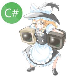 Rule 34 | 1girl, apron, black dress, black footwear, blonde hair, bow, braid, buttons, crt, dress, frilled dress, frills, hair bow, hat, hat bow, highres, holding, kirisame marisa, long hair, profitshame, programming (topic), puffy sleeves, shoes, short sleeves, side braid, smile, solo, squatting, touhou, waist apron, white background, white bow, witch hat, yellow eyes