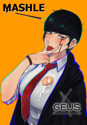 Rule 34 | 1girl, absurdres, artist name, black hair, black jacket, blush, breasts, character name, collared shirt, copyright name, facial mark, genderswap, genderswap (mtf), geus (just geus), highres, jacket, large breasts, looking at viewer, mash burnedead, mashle, necktie, orange background, red necktie, shirt, short hair, simple background, solo, suggestive fluid, tongue, tongue out, v over mouth, yellow eyes