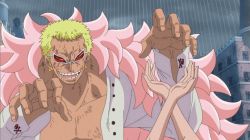 Rule 34 | 1boy, 2girls, animated, animated gif, armor, aunt and niece, bikini armor, body control, braid, breasts, cape, city, donquixote doflamingo, dress, evil, forced, gloves, injury, multiple girls, navel, one piece, pink hair, rebecca (one piece), screencap, smile, stitched, sword, third-party edit, viola (one piece), walking, weapon