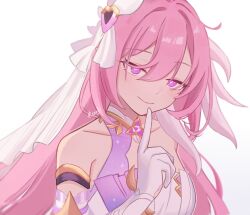 Rule 34 | 1girl, bare shoulders, closed mouth, collarbone, elf, elysia (herrscher of human:ego) (honkai impact), elysia (honkai impact), gloves, hair ornament, highres, honkai (series), honkai impact 3rd, long hair, looking at viewer, pink eyes, pink hair, pointy ears, rena ( rrena), simple background, smile, solo, upper body, veil, very long hair, white background, white gloves
