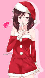 Rule 34 | 1girl, alternate costume, arm warmers, bare shoulders, breasts, brown eyes, brown hair, dress, finger to mouth, harukaze (kancolle), hat, heart, kantai collection, looking at viewer, medium breasts, mikage takashi, red dress, santa costume, santa hat, smile, solo, twitter username