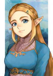 Rule 34 | 1girl, blonde hair, blue eyes, border, braid, breasts, brown hair, closed mouth, cloud, commentary, forehead, french braid, gold trim, hair ornament, hairclip, light brown hair, lips, long hair, long sleeves, looking at viewer, multicolored hair, natrium picture, nintendo, pointy ears, pointy nose, princess zelda, sidelocks, sky, solo, the legend of zelda, the legend of zelda: breath of the wild, thick eyebrows, triforce print, two-tone hair, upper body, white border