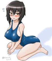 Rule 34 | 1girl, black hair, blush, breasts, brown eyes, covered erect nipples, cube (huidama), girls und panzer, kawashima momo, large breasts, looking at viewer, monocle, one-piece swimsuit, seiza, short hair, sitting, solo, swimsuit