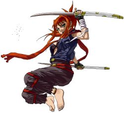 Rule 34 | 00s, 1girl, alternate costume, anklet, artist request, barefoot, bra, dual wielding, feet, fighting stance, fingerless gloves, full body, gloves, holding, jewelry, katana, long hair, midriff, my-hime, non-web source, oekaki, open clothes, open shirt, pants, ponytail, red hair, scarf, shirt, sugiura midori, sword, torn clothes, torn pants, transparent background, underwear, weapon, wrist wrap