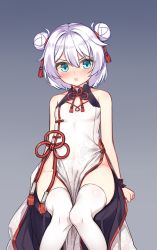 Rule 34 | 1girl, :o, bad id, bad pixiv id, bare shoulders, blue eyes, blush, breasts, china dress, chinese clothes, commentary request, double bun, dress, feet out of frame, female focus, gradient background, grey background, groin, hair between eyes, hair bun, highres, honkai (series), honkai impact 3rd, knees together feet apart, looking at viewer, nose blush, parted lips, pelvic curtain, side bun, silver hair, sitting, sleeveless, sleeveless dress, small breasts, solo, tama (tamatamo), theresa apocalypse, thighhighs, white thighhighs, wrist cuffs
