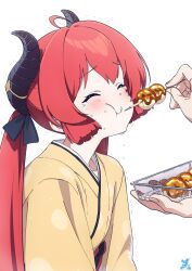 Rule 34 | 1girl, absurdres, ahoge, black horns, blue archive, blush, dango, eating, food, happy, highres, horns, japanese clothes, junko (blue archive), junko (new year) (blue archive), kimono, long hair, makicha (sasurainopink), official alternate costume, red hair, simple background, solo focus, tears, trembling, wagashi, white background, yellow kimono