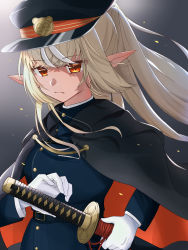 Rule 34 | 1girl, bad id, bad pixiv id, belt, black background, black cloak, black hat, blonde hair, blue coat, breasts, cloak, closed mouth, coat, cowboy shot, dark-skinned female, dark skin, expressionless, gloves, hat, highres, hololive, katana, light, long hair, long sleeves, looking at viewer, medium breasts, military, military hat, military uniform, moonbell, peaked cap, pointy ears, ponytail, red eyes, scabbard, sheath, sheathed, shiranui flare, simple background, solo, sword, uniform, virtual youtuber, weapon, white gloves, wind