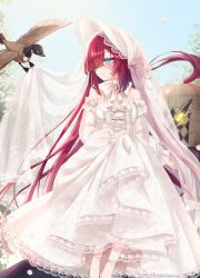 Rule 34 | 1girl, aged down, blue eyes, blue sky, blush, bonnet, bridal veil, commentary request, dress, flower knight girl, ganraikou (flower knight girl), hair over one eye, highres, lace, lace-trimmed dress, lace-trimmed headwear, lace trim, long hair, long sleeves, looking away, non-humanoid robot, nuwime, outdoors, red hair, robot, robot animal, skirt hold, sky, solo, veil, very long hair, wedding dress, white dress
