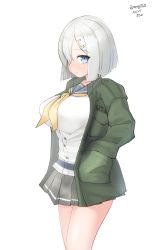 Rule 34 | 1girl, absurdres, blue eyes, breasts, dated, gloves, green jacket, grey sailor collar, grey skirt, hair ornament, hair over one eye, hairclip, hamakaze (kancolle), hand in pocket, highres, jacket, kantai collection, large breasts, looking at viewer, maru (marg0613), neckerchief, one-hour drawing challenge, pleated skirt, sailor collar, school uniform, serafuku, short hair, silver hair, simple background, skirt, solo, twitter username, white background, white gloves, yellow neckerchief
