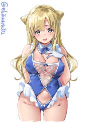 Rule 34 | 1girl, alternate costume, bare shoulders, blonde hair, blue ribbon, blush, bow, bowtie, breasts, cleavage, collarbone, covered erect nipples, cowboy shot, detached collar, double bun, ebifurya, fletcher (kancolle), gloves, gluteal fold, hair bun, hand on own chest, highleg, highres, kantai collection, large breasts, long hair, looking at viewer, navel, open mouth, revealing clothes, ribbon, simple background, solo, thighs, white background, white gloves, yellow eyes