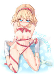 Rule 34 | 1girl, alice margatroid, bad id, blonde hair, blue eyes, blush, breasts, female focus, gradient background, hair ribbon, hairband, heart, highres, homura subaru, lactation, naked ribbon, nipples, nude, panties, panties around leg, pussy juice, ribbon, socks, solo, striped clothes, striped panties, sweat, tears, third-party edit, touhou, underwear, upper body, white background