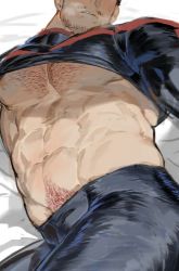 Rule 34 | 1boy, abs, bara, bare pectorals, beard, black pants, blush, boku no hero academia, breath, chest hair, clothes lift, endeavor (boku no hero academia), facial hair, feet out of frame, head out of frame, large pectorals, lying, male focus, mature male, muscular, muscular male, mustache, navel, navel hair, nipples, omochi shogun, on bed, on side, pants, pectorals, shirt lift, solo, stomach, stubble, thick thighs, thighs, tight clothes, tight pants, underpec