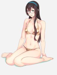 Rule 34 | 1girl, alternate costume, bare arms, bare legs, bare shoulders, barefoot, bikini, black hair, blush, breasts, commentary request, glasses, gold bikini, green eyes, groin, hairband, halterneck, highres, kantai collection, long hair, looking at viewer, navel, ooyodo (kancolle), open mouth, semi-rimless eyewear, shiny clothes, simple background, sitting, skindentation, small breasts, smile, solo, string bikini, swimsuit, toes, under-rim eyewear, wariza, white background, yellow bikini, yuuji (and)
