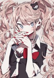Rule 34 | 1girl, 3j dangan, bear hair ornament, black bra, black choker, black necktie, black shirt, blonde hair, blue eyes, bow, bra, breasts, choker, cleavage, commentary request, covering own mouth, danganronpa: trigger happy havoc, danganronpa (series), enoshima junko, grey background, hair ornament, hands up, highres, interlocked fingers, long hair, nail polish, necktie, red bow, red nails, shirt, short sleeves, simple background, skirt, sleeves rolled up, smile, solo, twintails, underwear, upper body, white necktie