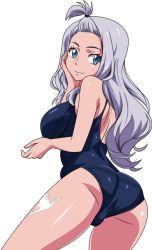 Rule 34 | 1girl, admontanheiro, ass, blue eyes, fairy tail, from behind, long hair, looking at viewer, mirajane strauss, one-piece swimsuit, silver hair, smile, solo