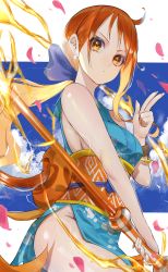 Rule 34 | 1girl, absurdres, ahoge, bare shoulders, blue bow, blue kimono, bow, breasts, commentary, earrings, hair bow, hand up, highres, holding, holding weapon, japanese clothes, jewelry, kimono, long hair, looking at viewer, medium breasts, nami (one piece), obi, one piece, orange eyes, orange hair, orange sash, ponytail, r (ryo), sash, sleeveless, sleeveless kimono, solo, thighs, weapon, wristband
