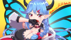 Rule 34 | 1girl, awa7, black gloves, black horns, blood, blood on breasts, blood on face, blue hair, blue wings, bow, braid, breasts, butterfly wings, canniko18, cleavage, collar, dated, gloves, hair bow, hair ornament, hairclip, highres, horns, insect wings, making-of available, pointy ears, red bow, red collar, red eyes, ryonan musume club, simple background, solo, virtual youtuber, wings, wiping mouth