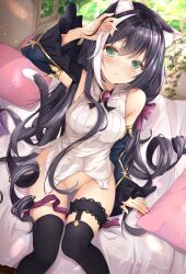 Rule 34 | 1girl, absurdres, animal ear fluff, animal ears, black hair, black thighhighs, blush, breasts, bridal garter, cat ears, cat girl, cat tail, closed mouth, condom, condom wrapper, convenient censoring, detached sleeves, feet out of frame, frilled sleeves, frills, green eyes, hair censor, highres, holding, holding own hair, karyl (princess connect!), long hair, long sleeves, looking at viewer, medium breasts, multicolored hair, on bed, pillow, princess connect!, rumiko (rmeco), shirt, sidelocks, sitting, sleeveless, sleeveless shirt, solo, streaked hair, tail, thighhighs, twintails, very long hair, white hair, white shirt, wide sleeves