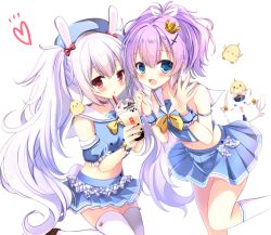 Rule 34 | 2girls, :d, :o, animal, animal ears, azur lane, beret, bird, blue eyes, blue headwear, blue shirt, blue skirt, blue sleeves, blush, bow, brown footwear, bubble tea, cat, chick, commentary request, crop top, crown, cup, detached sleeves, disposable cup, drinking straw, hair between eyes, hair ribbon, hat, heart, highres, holding, holding cup, javelin (azur lane), javelin (let&#039;s become waitresses!) (azur lane), laffey (azur lane), laffey (bunny clerk?) (azur lane), long hair, manjuu (azur lane), meowficer (azur lane), midriff, mini crown, multiple girls, navel, open mouth, parted lips, pleated skirt, puffy short sleeves, puffy sleeves, purple hair, rabbit ears, red bow, red eyes, ribbon, sailor collar, shirt, shoes, short sleeves, silver hair, simple background, skirt, sleeveless, sleeveless shirt, smile, standing, standing on one leg, thighhighs, tilted headwear, twintails, very long hair, white background, white legwear, white ribbon, white sailor collar, wrist cuffs, yuutsuki hina