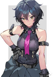 Rule 34 | 1girl, arm strap, belt, black gloves, black hair, borrowed character, breasts, commission, gloves, hair between eyes, hand on own hip, highres, large breasts, matsuda (matsukichi), multicolored hair, necktie, original, pixiv commission, short hair, sleeveless, smile, solo, two-tone hair, yellow eyes