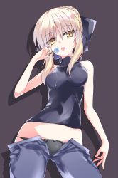 Rule 34 | 1girl, :p, alternate costume, artoria pendragon (all), artoria pendragon (fate), bad id, bad twitter id, black background, black bow, black panties, black shirt, blonde hair, blue pants, bow, bow panties, braid, breasts, closed mouth, clothes pull, commentary, cowboy shot, denim, dripping, fate/stay night, fate (series), food, french braid, hair bow, hair bun, head tilt, highres, holding, holding food, jeans, lace, lace-trimmed panties, lace trim, looking at viewer, medium breasts, midriff, nail polish, open fly, open pants, orange nails, panties, pants, pants pull, popsicle, saber alter, shadow, shirt, short hair, simple background, single hair bun, sleeveless, sleeveless shirt, solo, standing, take shinobu, tongue, tongue out, turtleneck, underwear, unzipped, yellow eyes