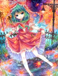 Rule 34 | 1girl, 3:, blurry, bow, clothes lift, depth of field, dress, dress lift, green eyes, green hair, hair bow, hair ribbon, head tilt, highres, in water, itsumizu, kagiyama hina, leaf, long hair, looking at viewer, maple leaf, matching hair/eyes, red dress, ribbon, skirt hold, solo, standing, touhou, wading, wrist cuffs