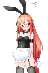Rule 34 | 1girl, absurdres, ahoge, alternate costume, animal ears, apron, arms behind back, black bow, black bowtie, black leotard, bow, bowtie, detached collar, facing viewer, flat chest, frilled apron, frills, garter straps, hair ornament, hair ribbon, highres, kantai collection, leotard, long hair, maid apron, maru (marg0613), pantyhose, playboy bunny, rabbit ears, rabbit hair ornament, rabbit tail, red eyes, red hair, ribbon, sideways glance, solo, standing, strapless, strapless leotard, tail, uzuki (kancolle), waist apron, white background