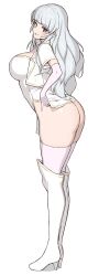 Rule 34 | 1girl, absurdres, ass, blush, boots, breasts, clothes lift, elbow gloves, from side, gloves, grey hair, hair behind ear, high heel boots, high heels, highres, large breasts, long hair, looking back, makino momiji (artist), no panties, original, parted lips, pink eyes, pink gloves, pink thighhighs, shirt, shirt lift, simple background, skindentation, smile, solo, thighhighs, very long hair, white background, white footwear, white shirt