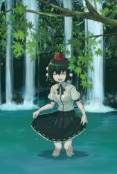 Rule 34 | 1girl, :d, autumn leaves, black hair, black ribbon, black skirt, bouhuman, breasts, collared shirt, closed eyes, frilled skirt, frills, hair between eyes, hat, highres, knees together feet apart, neck ribbon, open mouth, pom pom (clothes), puffy short sleeves, puffy sleeves, ribbon, scenery, shameimaru aya, shirt, short hair, short sleeves, skirt, skirt hold, smile, solo, tokin hat, touhou, water, water drop, waterfall