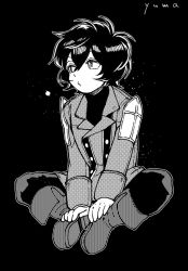 Rule 34 | 1boy, black background, black hair, boots, butterfly sitting, character name, full body, greyscale, hair between eyes, hands on feet, jacket, kuga yuuma, long sleeves, looking away, looking to the side, male focus, monochrome, pants, pants tucked in, puckered lips, shoulder guard, simple background, sitting, solo, tonkatsu (kyarakong), turtleneck, world trigger