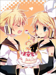Rule 34 | 1boy, 1girl, :q, aqua eyes, birthday, blonde hair, brother and sister, cake, candle, closed eyes, feeding, food, fork, hair ornament, hair ribbon, hairclip, hara yui, headphones, headset, heart, kagamine len, kagamine rin, lowres, necktie, pastry, ribbon, short hair, siblings, smile, tongue, tongue out, twins, vocaloid