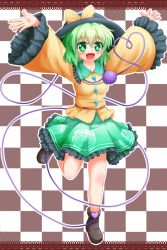 Rule 34 | 1girl, arms up, bad id, bad pixiv id, blush, breasts, checkered background, eyeball, female focus, floral print, green eyes, green hair, hat, hat ribbon, heart, heart-shaped pupils, heart of string, highres, komeiji koishi, matching hair/eyes, open mouth, ribbon, short hair, sills, skirt, smile, solo, symbol-shaped pupils, third eye, touhou, wide sleeves