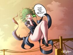 Rule 34 | 1girl, black dress, breasts, closed mouth, dress, floating, floating clothes, frown, green eyes, green hair, hand on own cheek, hand on own face, high heels, highres, itskawer, kawer, long sleeves, medium breasts, medium hair, one-punch man, outdoors, petite, psychic, solo, speech bubble, tatsumaki, telekinesis