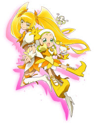 Rule 34 | &gt; &lt;, 10s, 2girls, amayu (hh21), arm up, asuka momoko, bad id, bad pixiv id, blonde hair, boots, bow, child, color connection, company connection, creature, crossover, cure sunshine, closed eyes, full body, gloves, green eyes, hair rings, heartcatch precure!, high heel boots, high heels, knee boots, long hair, magical girl, midriff, multiple girls, myoudouin itsuki, nini (ojamajo doremi), ojamajo doremi, orange bow, potpourri (heartcatch precure!), precure, puffy sleeves, short hair, skirt, smile, toei animation, twintails, wrist cuffs, yellow eyes