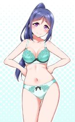 Rule 34 | 1girl, aqua bra, aqua panties, blue hair, blush, bra, breasts, cleavage, collarbone, commentary request, gluteal fold, halftone, halftone background, hands on own hips, long hair, looking at viewer, love live!, love live! sunshine!!, matsuura kanan, medium breasts, navel, panties, ponytail, purple eyes, sidelocks, smile, solo, stomach, thigh gap, underwear, underwear only, yopparai oni