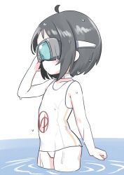 Rule 34 | 1girl, ahoge, black hair, choker, clothes writing, diving mask, flat chest, goggles, kantai collection, maru-yu (kancolle), nassukun, one-piece swimsuit, parted bangs, school swimsuit, short hair, simple background, solo, standing, swimsuit, wading, water, wet, wet clothes, wet swimsuit, white background, white choker, white one-piece swimsuit