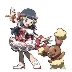 Rule 34 | 1girl, :d, black eyes, black hair, blacknirrow, bow, bracelet, buneary, collared dress, commentary, creatures (company), dawn (pokemon), dress, english commentary, full body, game freak, gen 4 pokemon, hair bow, high heels, jewelry, legs apart, long hair, mary janes, nintendo, open mouth, outstretched arms, pokemon, pokemon bdsp, puffy short sleeves, puffy sleeves, shoes, short sleeves, simple background, smile, spread arms, standing, white background, yellow bow