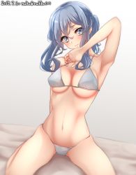 Rule 34 | 1girl, arm up, armpits, artist name, bed sheet, bikini, blue bikini, blue eyes, blue hair, breasts, dated, gotland (kancolle), gradient background, hair between eyes, highres, kantai collection, large breasts, long hair, looking at viewer, mole, mole under eye, navel, nuka (nvkka), seiza, sitting, smile, solo, swimsuit, twitter username