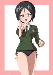 Rule 34 | 1girl, absurdres, black hair, black panties, blue eyes, blush, breasts, chouno ami, drops mint, girls und panzer, highres, large breasts, looking at viewer, military uniform, open mouth, panties, pointing, pointing at viewer, short hair, side-tie panties, solo, underwear, uniform