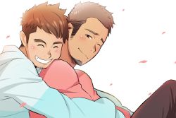 Rule 34 | 2boys, aqua hoodie, bara, blush, brown eyes, brown hair, casual, couple, facial hair, fai (fai-storage), from side, highres, hood, hoodie, hug, hug from behind, light brown hair, light smile, looking at another, male focus, multiple boys, one eye closed, original, petals, pink shirt, shirt, short hair, sideburns, skindentation, smile, stubble, undercut, upper body, white background, yaoi