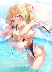 Rule 34 | 1girl, bad id, bad pixiv id, bent over, blonde hair, blue eyes, blush, breasts, bubble tea, bubble tea challenge, competition swimsuit, covered erect nipples, cup, disposable cup, drinking, drinking straw, fate/grand order, fate (series), highres, holding, holding clothes, holding jacket, hood, hooded jacket, jacket, jeanne d&#039;arc (fate), jeanne d&#039;arc (ruler) (fate), jeanne d&#039;arc (swimsuit archer) (fate), large breasts, long braid, long hair, looking at viewer, object on breast, ocean, one-piece swimsuit, ponytail, sky, solo, suigetsu (hjs1106), swimsuit, wading, water, whistle, whistle around neck, white one-piece swimsuit