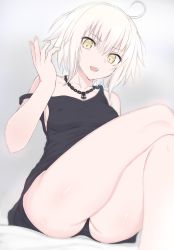 Rule 34 | 1girl, ahoge, ass, bare shoulders, black dress, black panties, blonde hair, breasts, collarbone, commentary request, covered erect nipples, crossed legs, dress, fate/apocrypha, fate (series), highres, jeanne d&#039;arc (fate), jeanne d&#039;arc alter (avenger) (fate), jeanne d&#039;arc alter (fate), jewelry, looking at viewer, makabe gorou, medium breasts, necklace, open mouth, panties, pantyshot, short hair, simple background, sitting, sleeveless, sleeveless dress, smile, solo, strap slip, thighs, underwear, yellow eyes